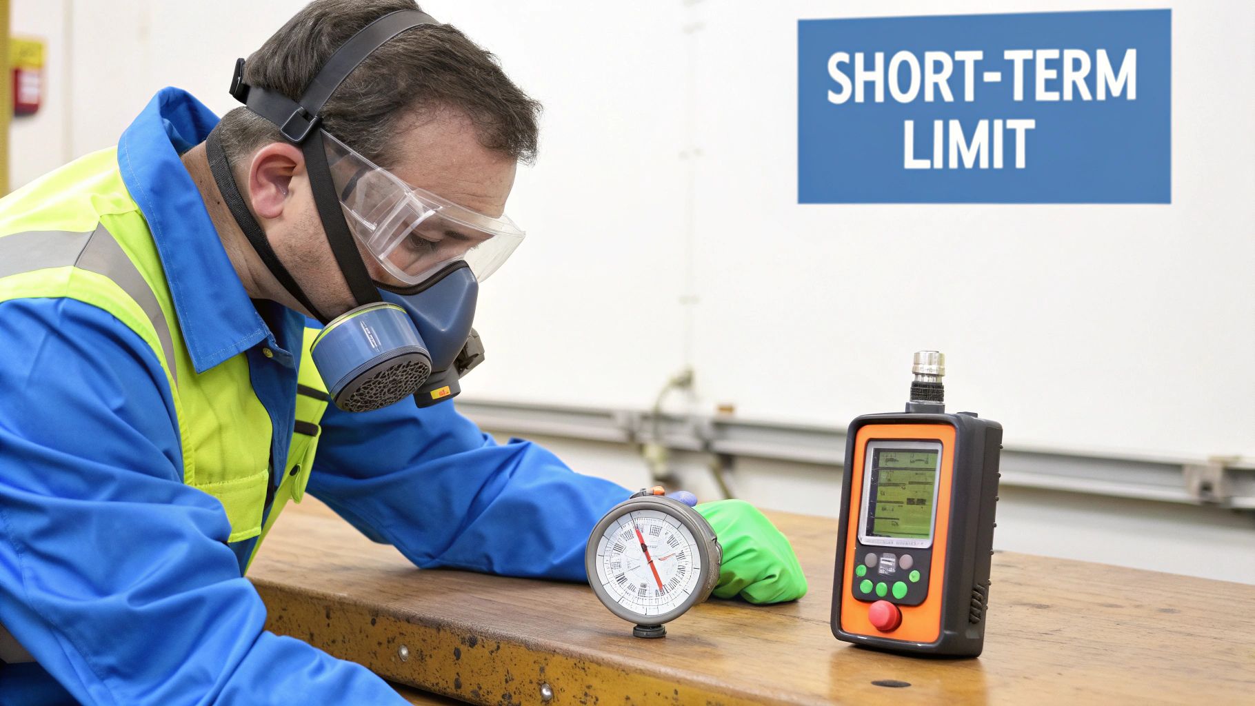Worker in respirator and safety gear checking monitoring devices, with a 'SHORT-TERM LIMIT' sign.