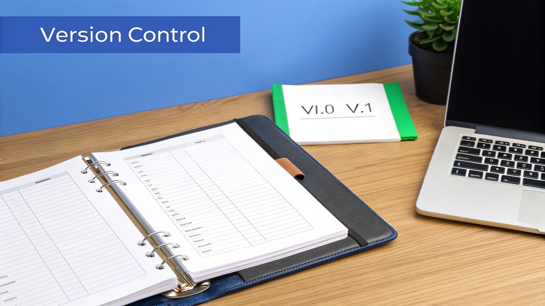 A desk with an open planner, laptop, and documents, illustrating version control practices.