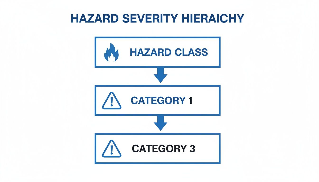 Hazard severity hierarchy flowchart illustrating hazard class, category 1, and category 3.