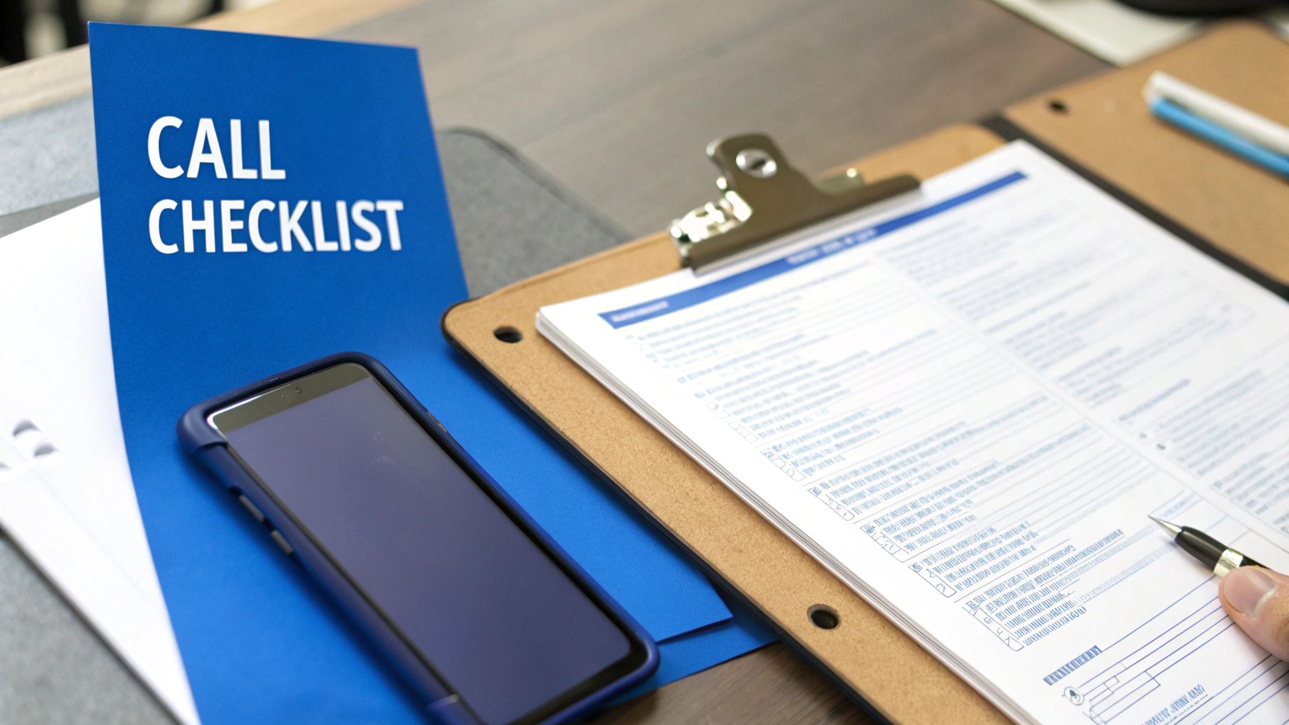 A person preparing for a call with a 'CALL CHECKLIST' folder, smartphone, and a clipboard with a checklist.