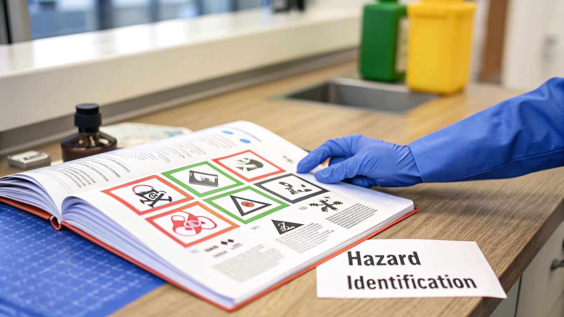 A gloved hand points to a book showing chemical hazard symbols and a 'Hazard Identification' paper.