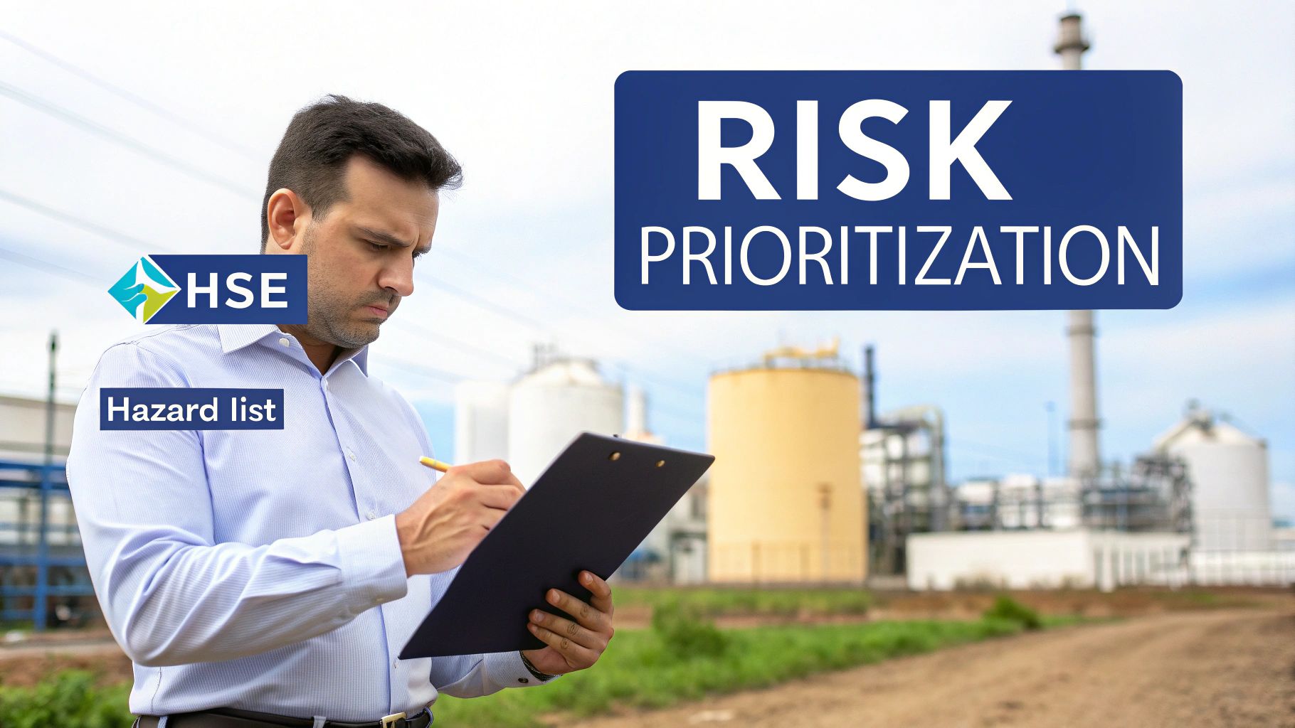 A man reviews a hazard list on a clipboard for risk prioritization at an industrial facility, with an HSE logo.