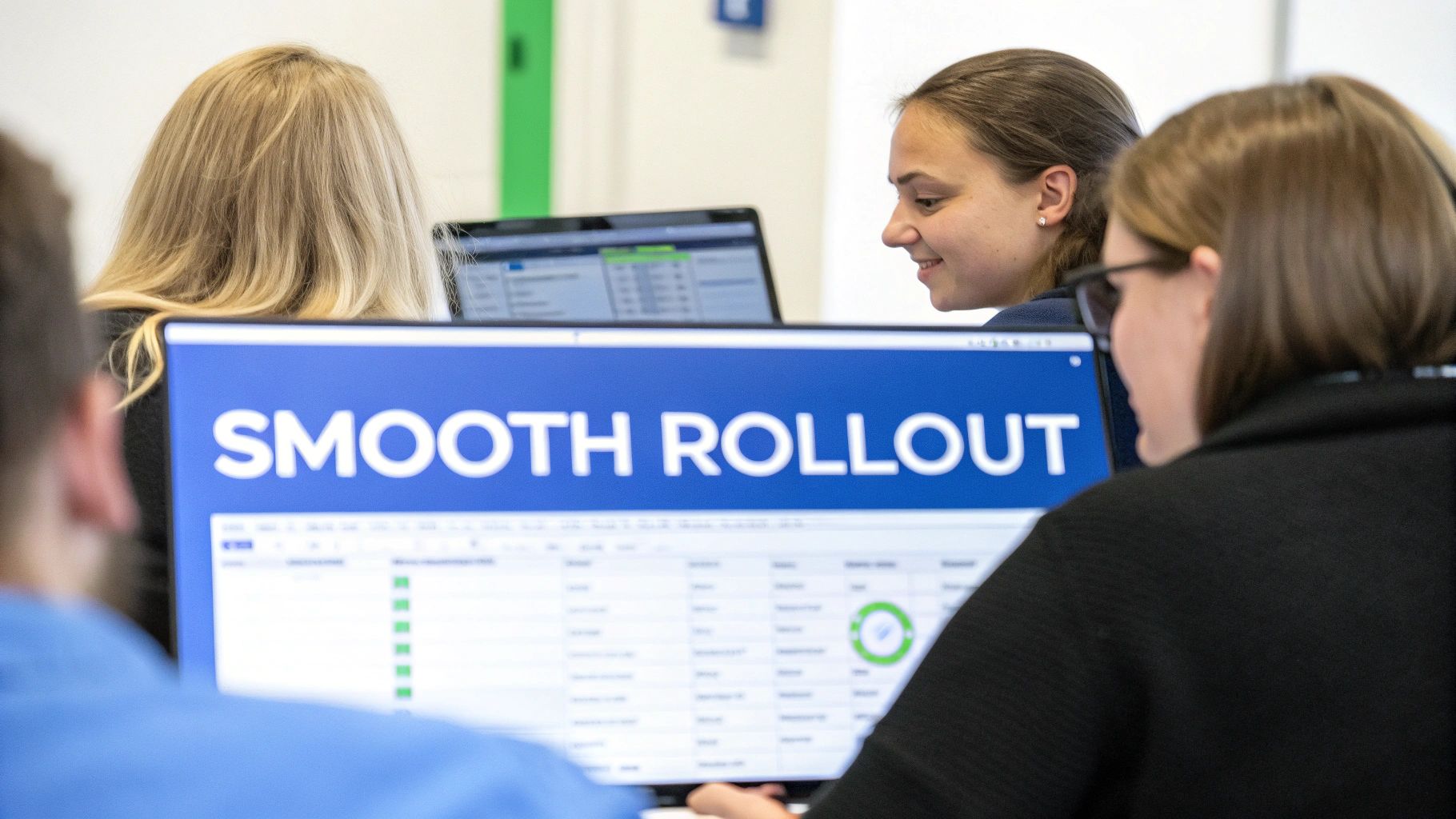 Smiling team members collaborate in an office, viewing a computer screen displaying 'SMOOTH ROLLOUT' and project data.