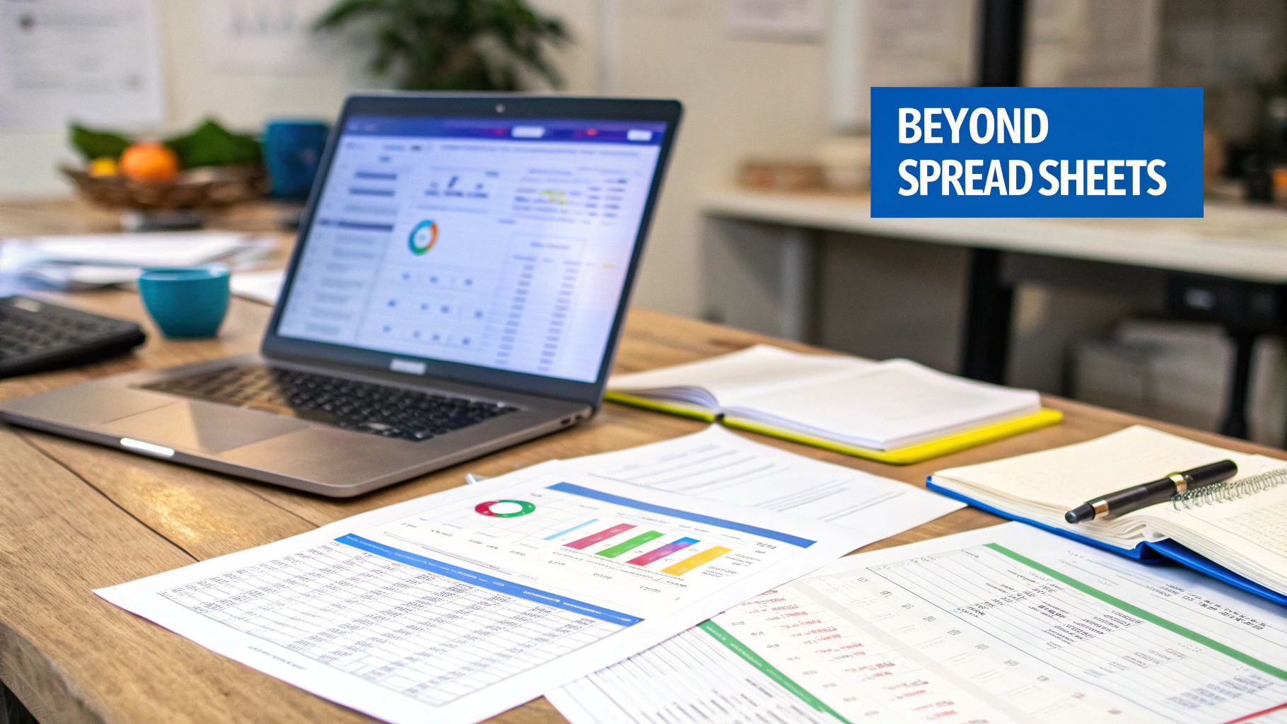 A laptop displaying data and charts, surrounded by financial documents and a notebook on a wooden desk.