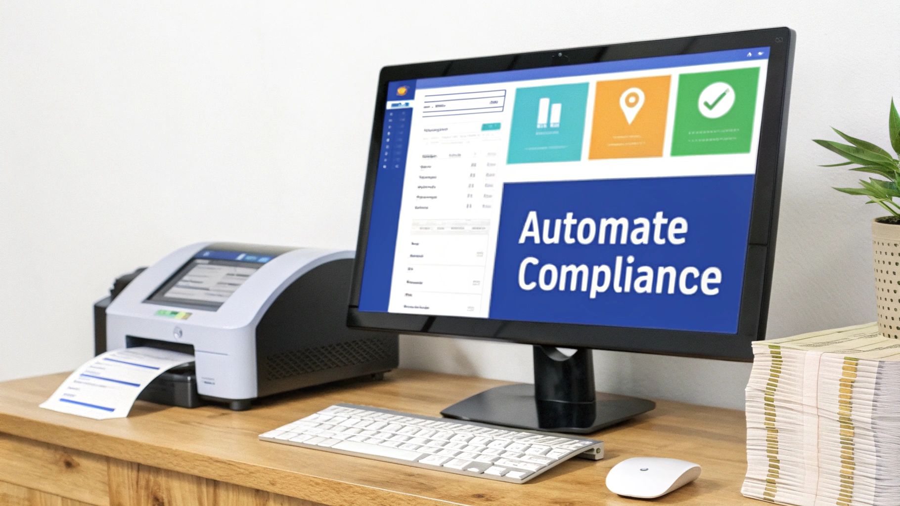 An office desk with a computer displaying 'Automate Compliance', a printer, keyboard, mouse, and money.