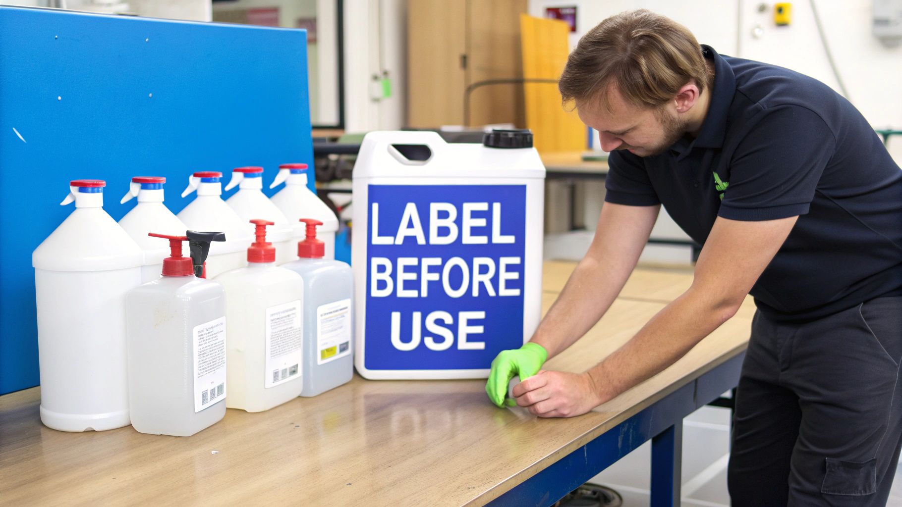 A man in green gloves labels a large white container on a table, surrounded by other bottles.