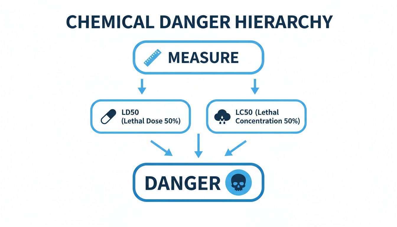 Flowchart illustrating the chemical danger hierarchy, using LD50 and LC50 measurements to determine danger.