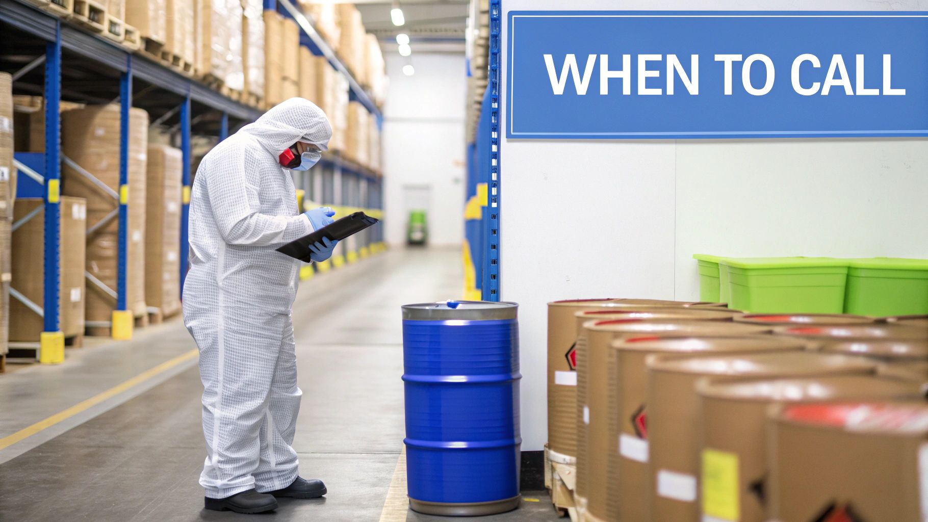 Person in hazmat suit inspects barrels in a chemical warehouse, with a 'WHEN TO CALL' sign.