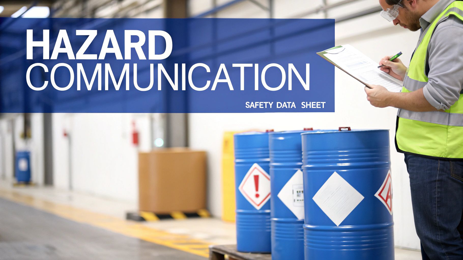 Worker in safety gear reviewing a safety data sheet next to blue hazard barrels in a warehouse.