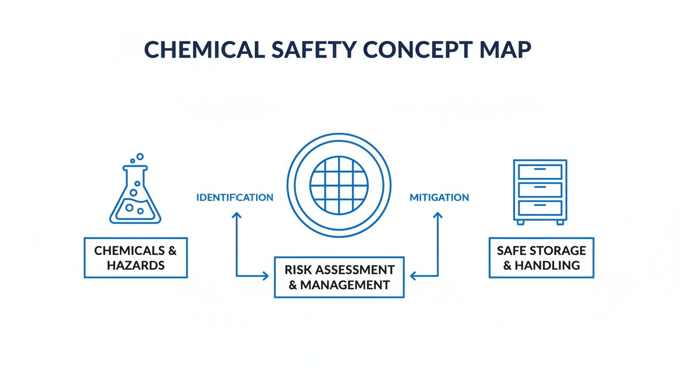 A chemical safety concept map showing chemicals, hazards, risk assessment, and safe storage and handling procedures.