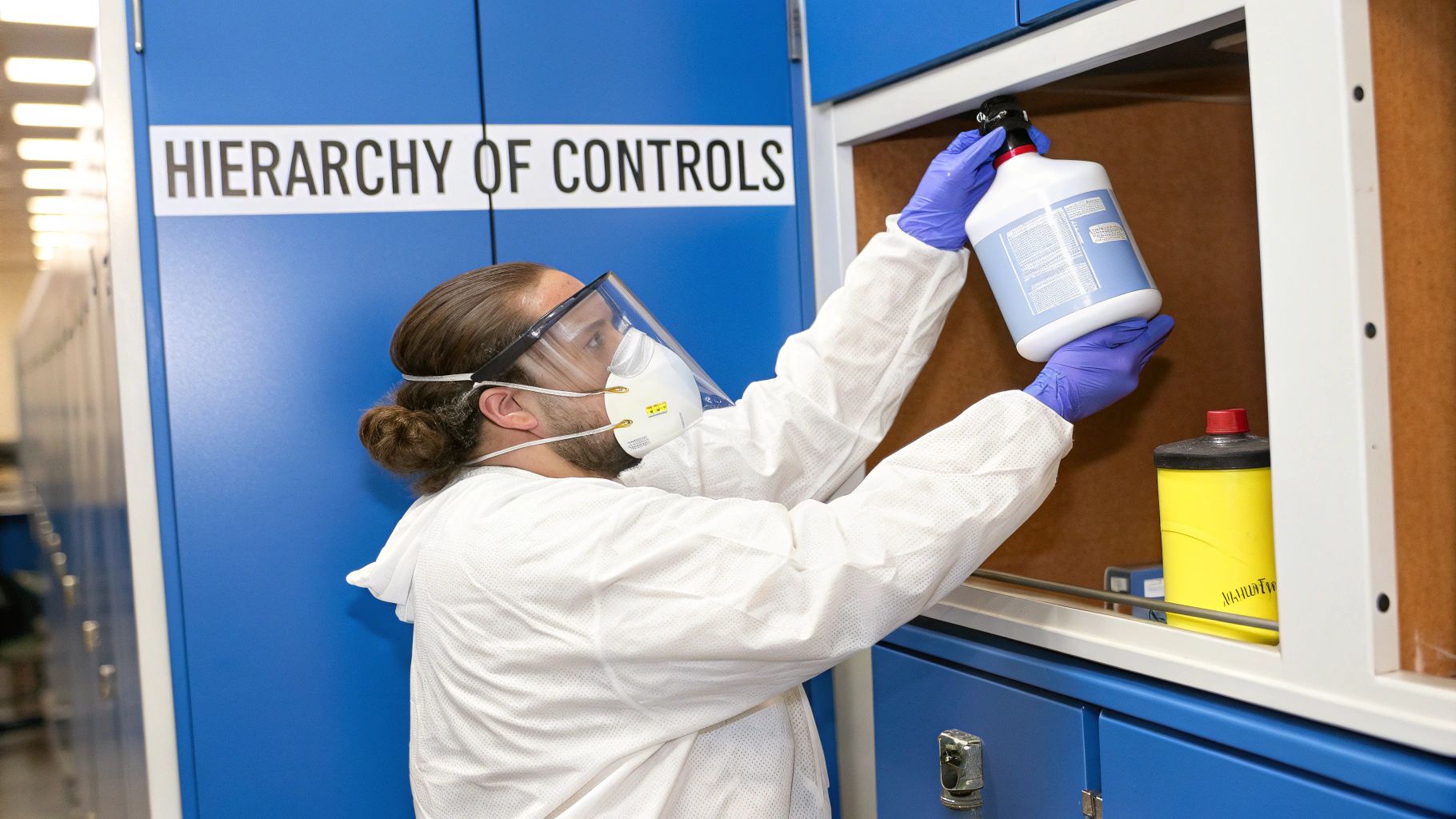 A person in full PPE handles a chemical bottle on a shelf, near a 'Hierarchy of Controls' sign.