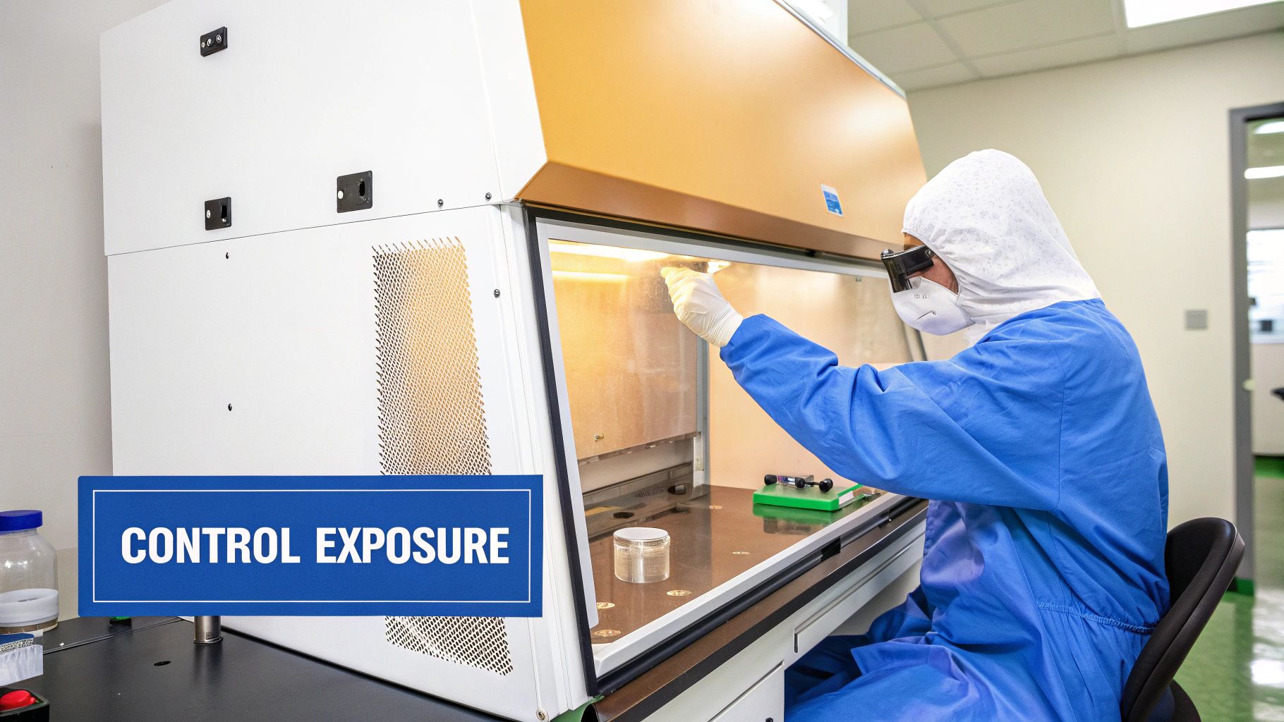 Lab worker in a cleanroom suit performing tasks inside a safety cabinet.