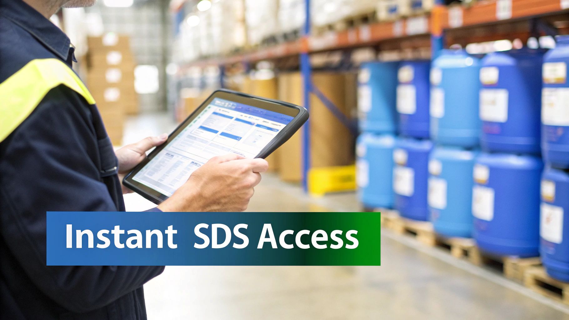 A worker in a warehouse uses a tablet for instant SDS access, with chemical barrels in the background.