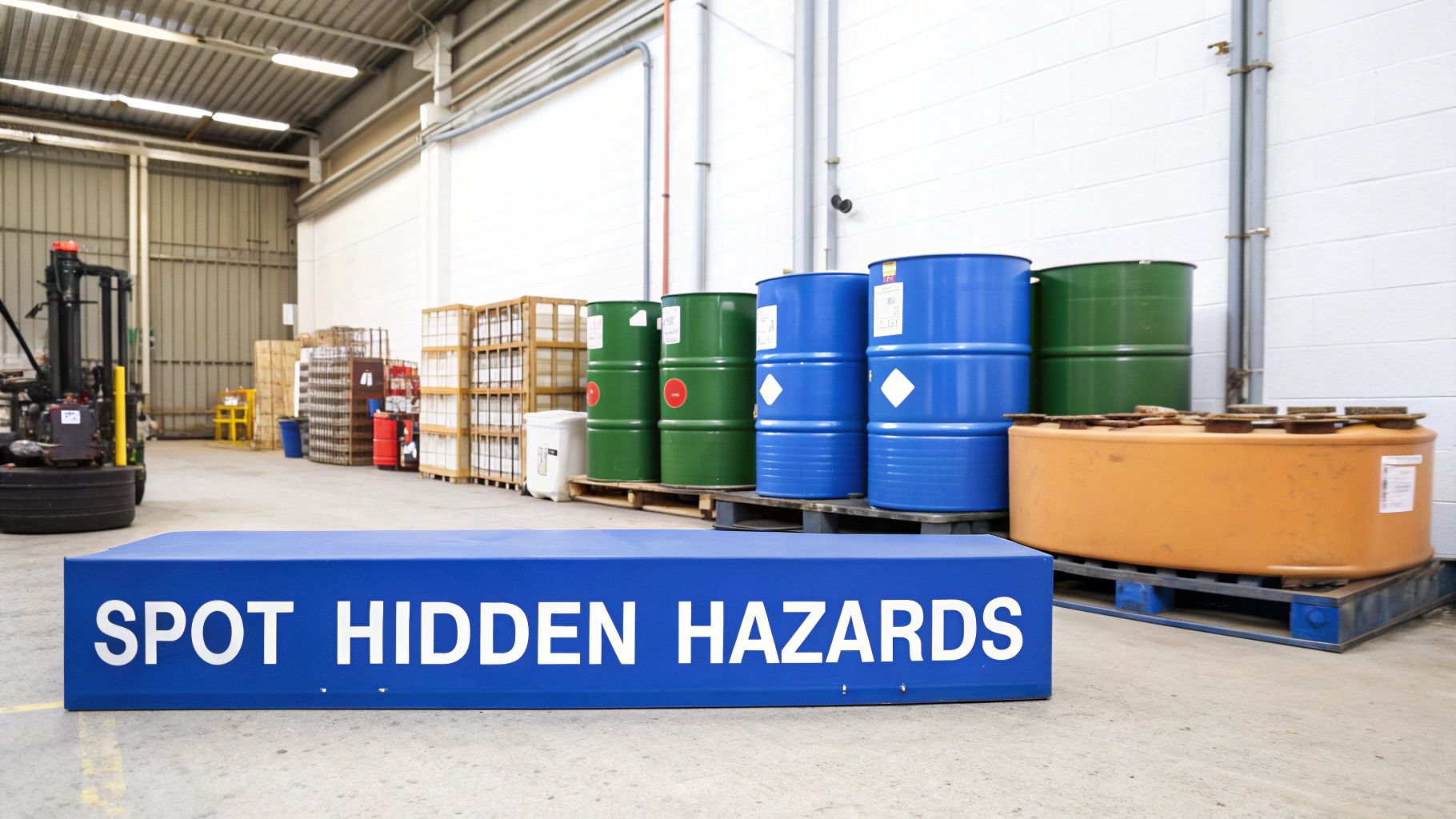 A blue 'SPOT HIDDEN HAZARDS' sign in a warehouse with industrial barrels and crates.