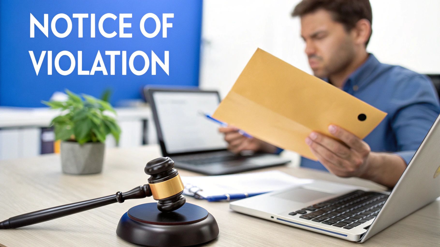 Man reviewing a 'Notice of Violation' document, with a gavel on a desk, indicating legal issues.