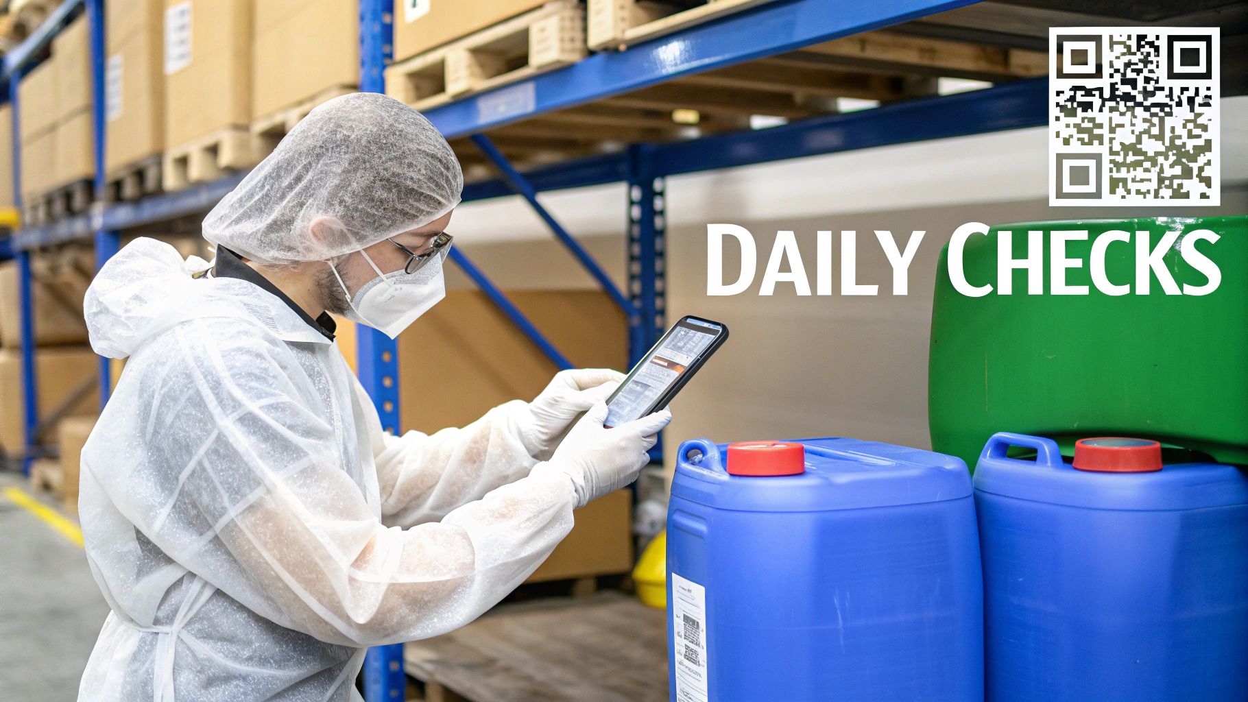 Person in protective gear performing daily checks with a digital tablet in a chemical warehouse.