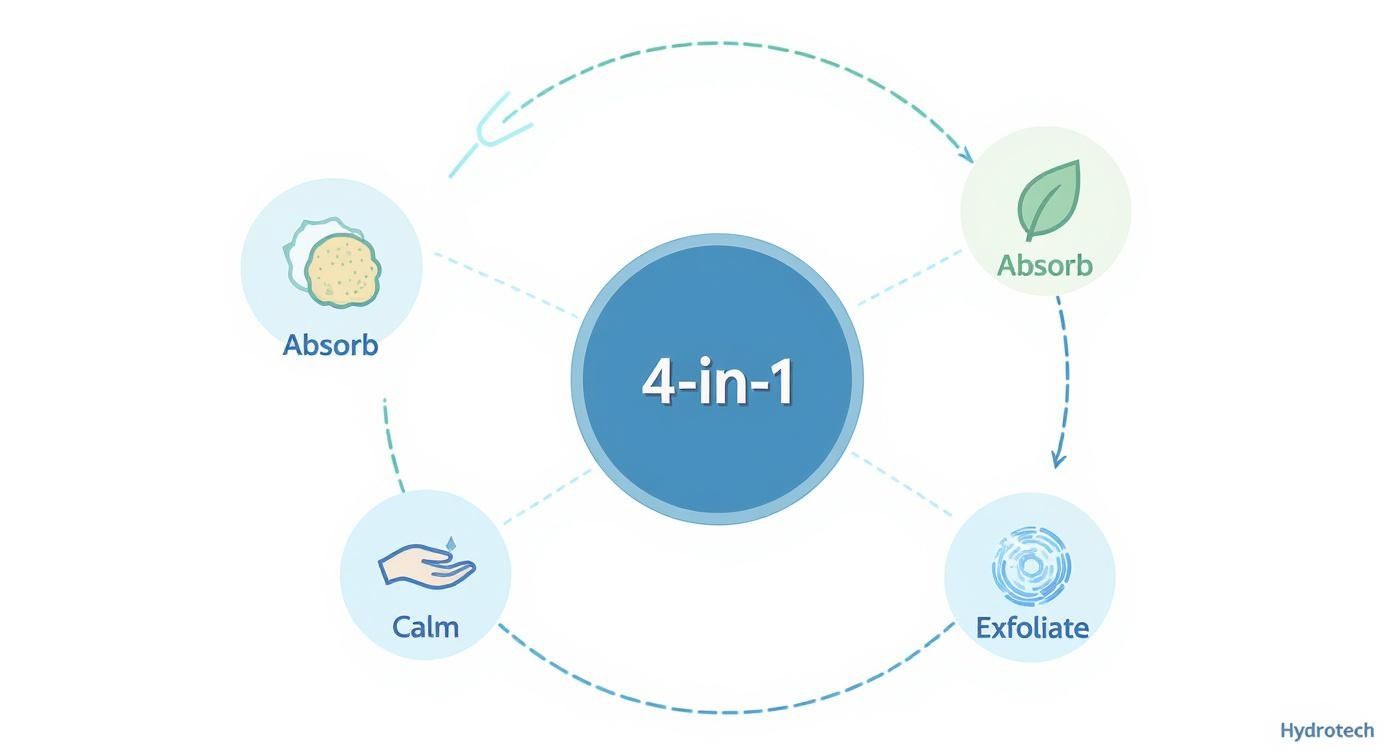 An infographic concept map showing the 4-in-1 Hydrotech formula with icons for Absorb, Exfoliate, and Calm.