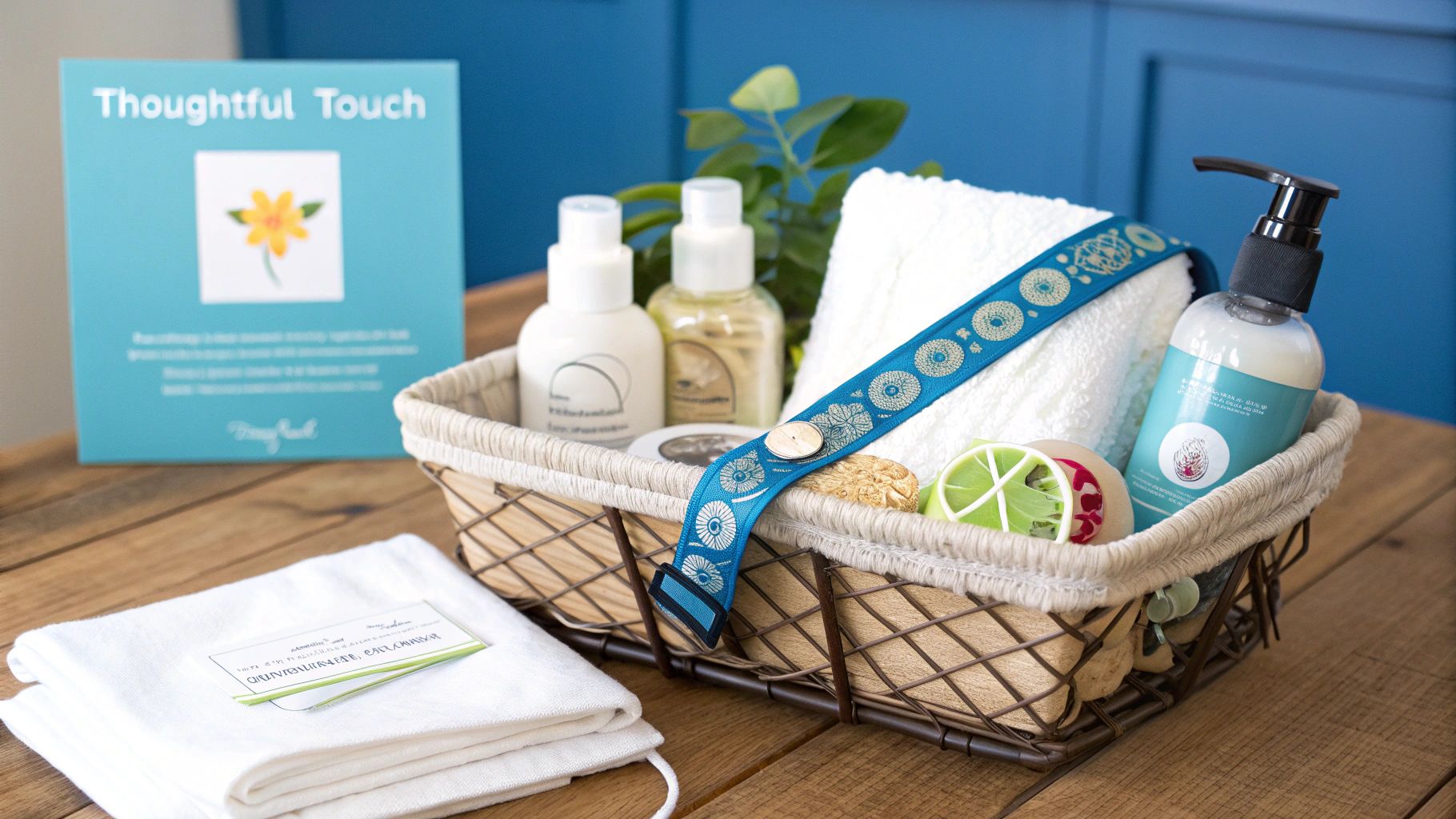 A personalized baby gift basket with a stuffed animal and other practical items.
