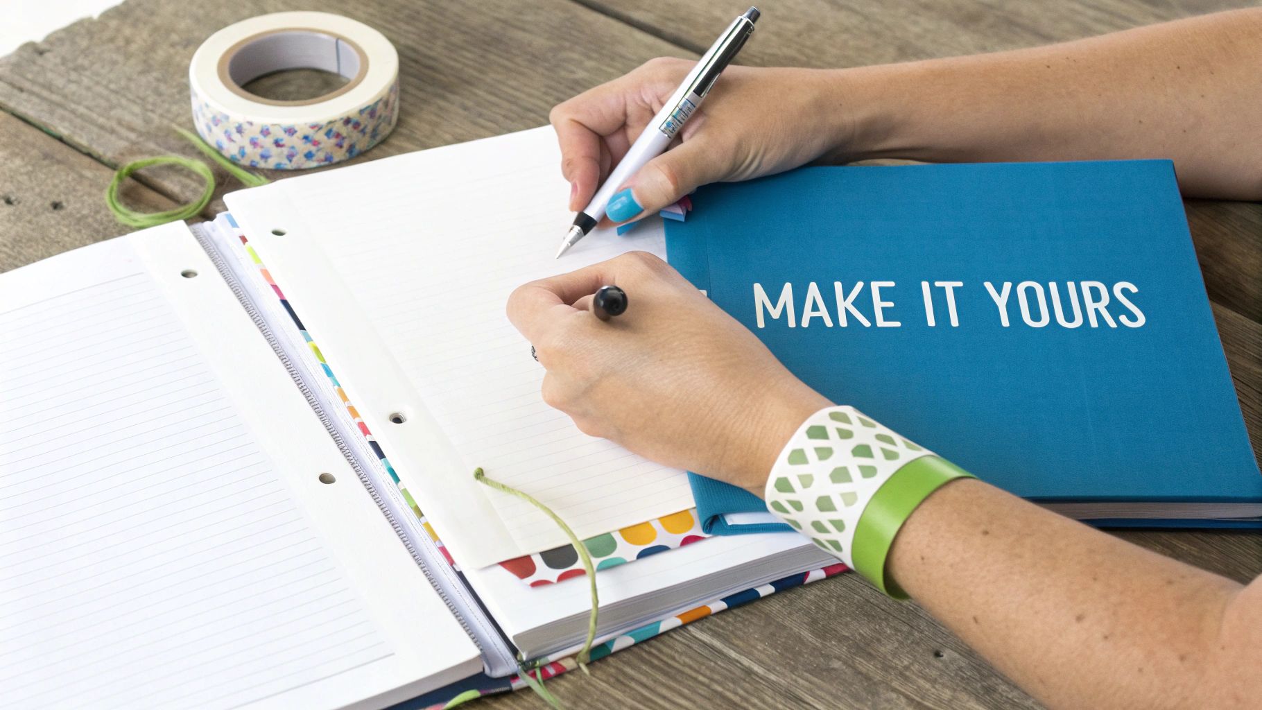 A close-up of a baby memory book page being decorated with washi tape and stickers