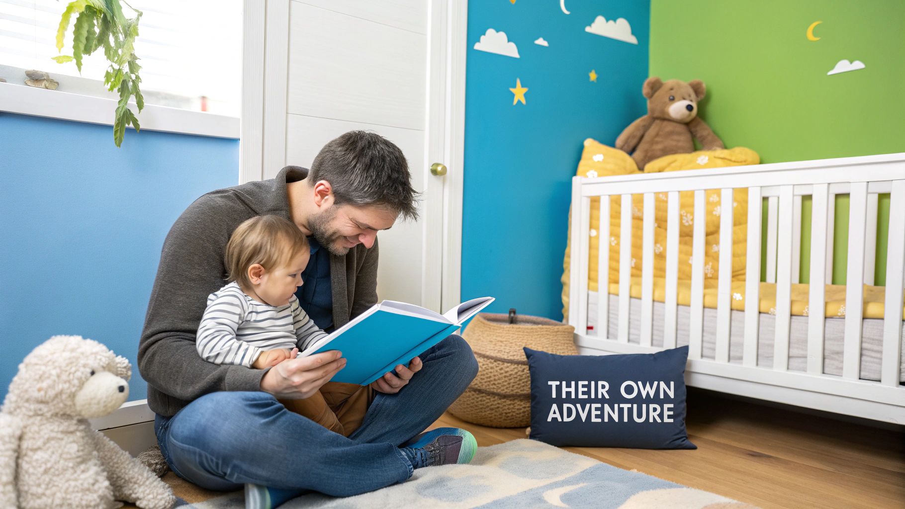 A mother and her baby reading a personalized baby book together, looking happy and engaged.