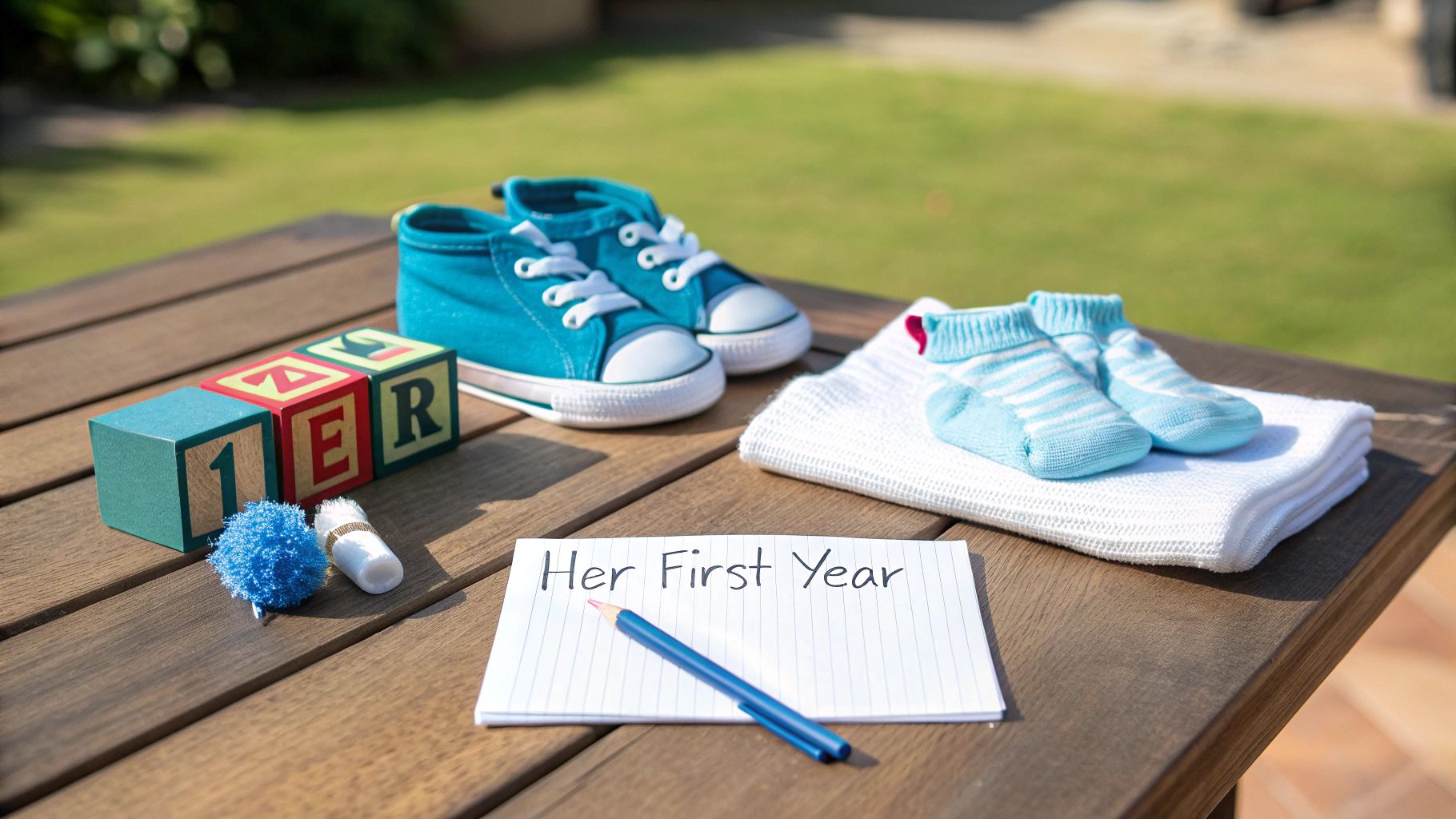 A baby girl reaching for her toes in her baby memory book