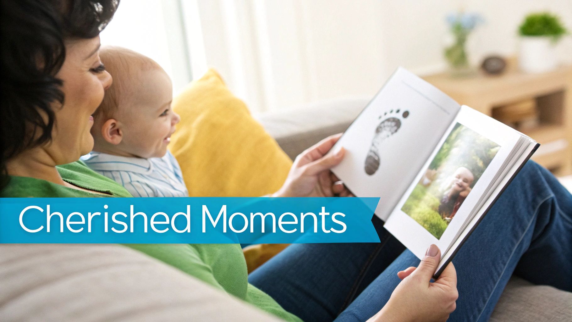 A mother and child looking at a baby memory book together