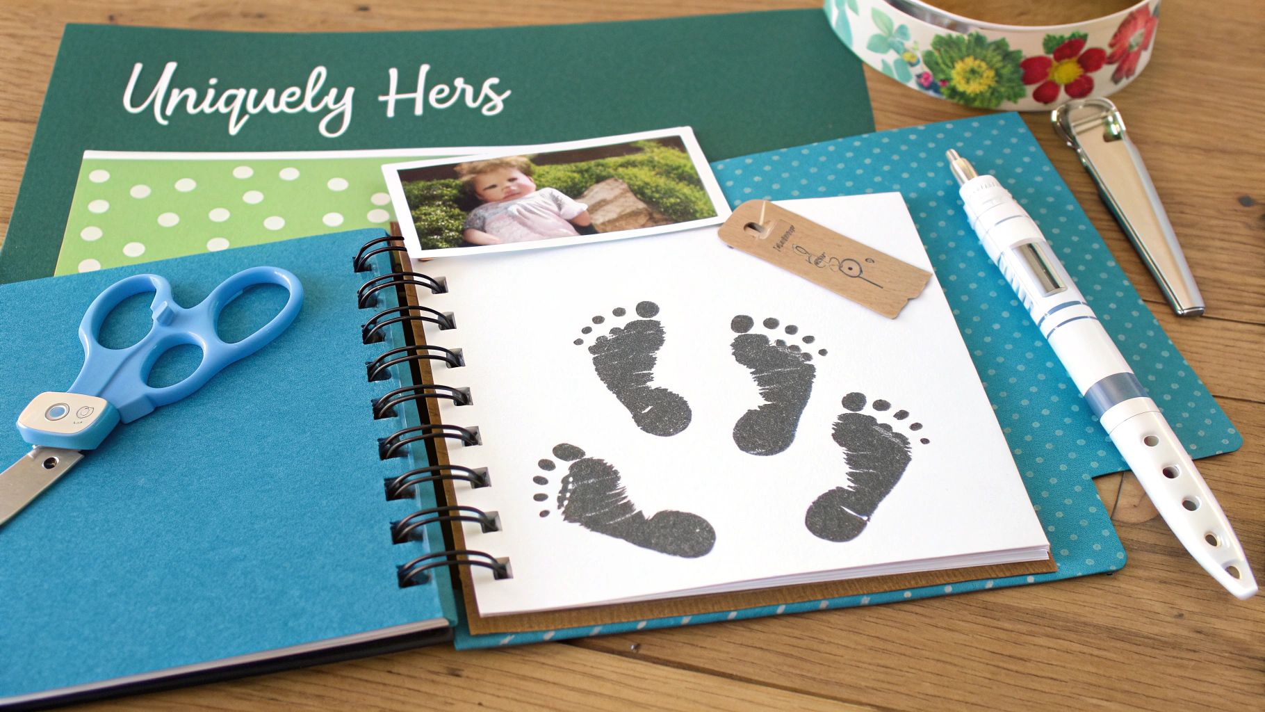 A baby's handprints being added to a memory book