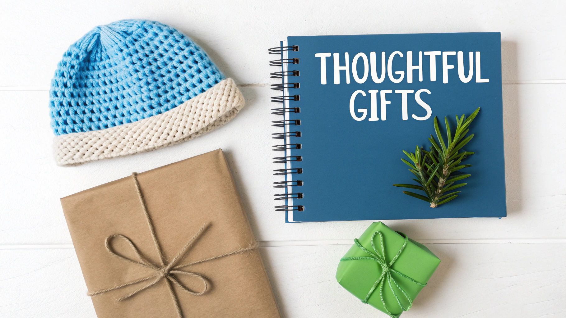 A hand-knitted baby hat and booties next to a ball of yarn