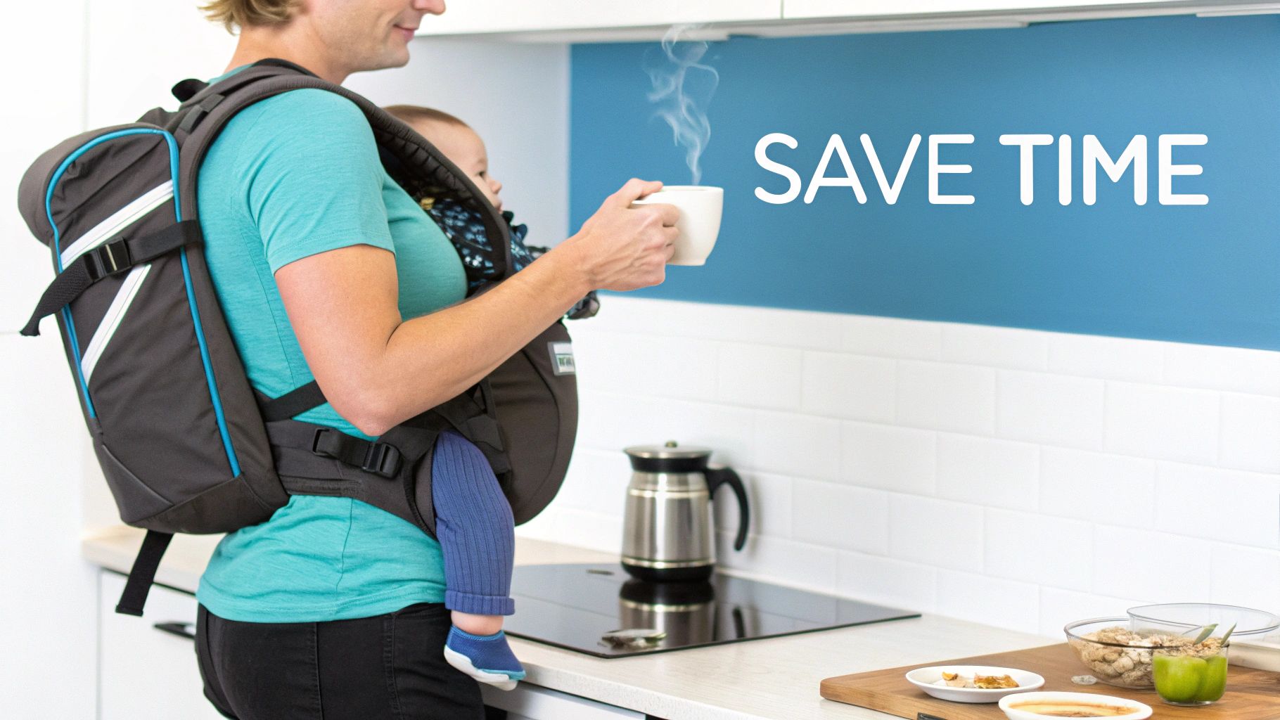 A parent using a baby carrier while holding a coffee mug, looking relaxed.