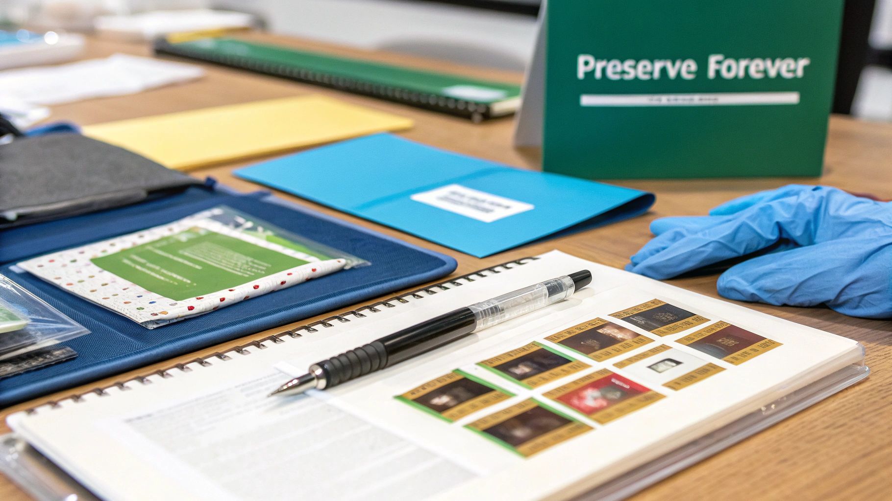 A close-up of a well-preserved, open baby memory book showing photos and handwriting
