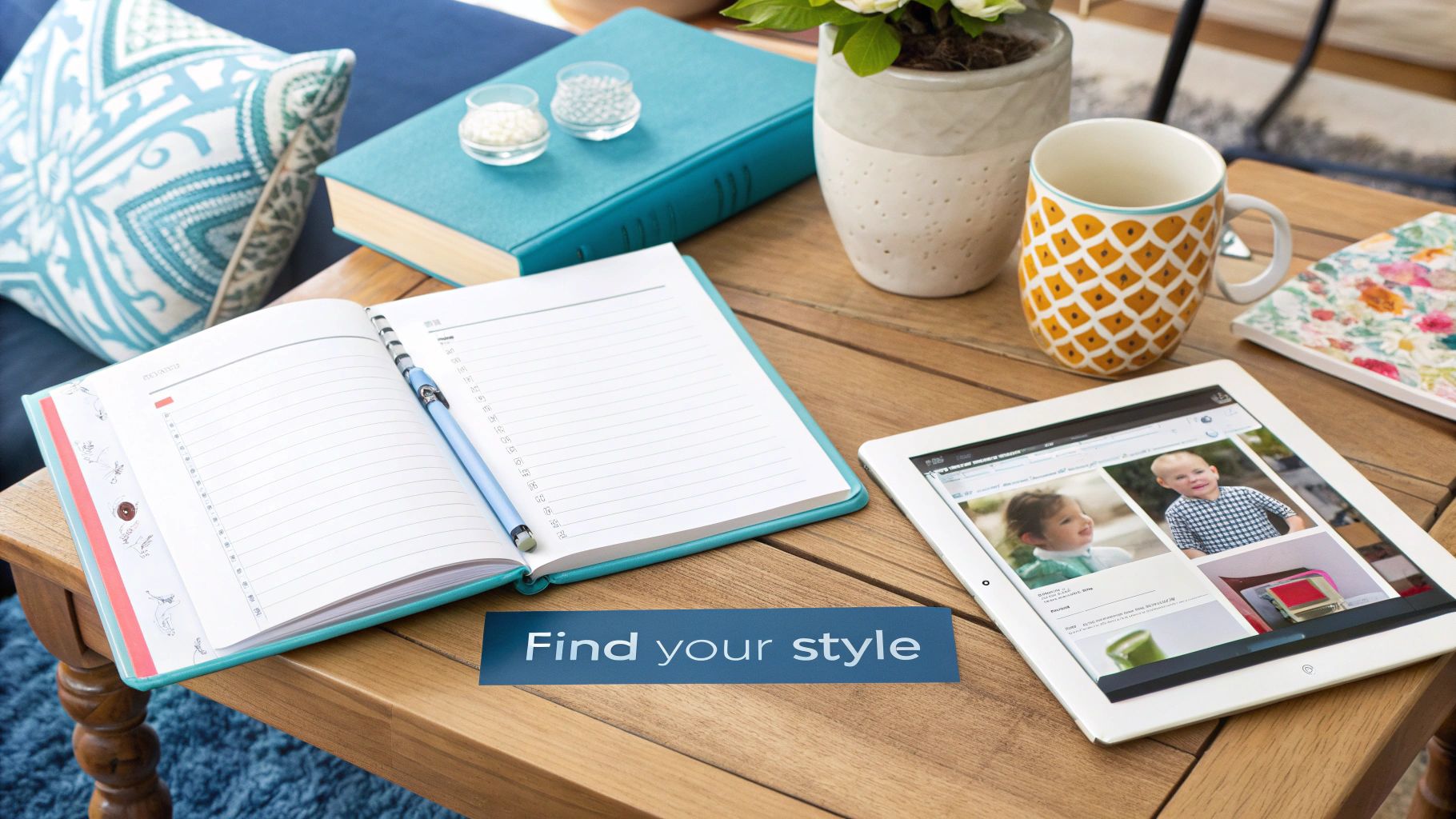 A mother choosing a baby book from a shelf.