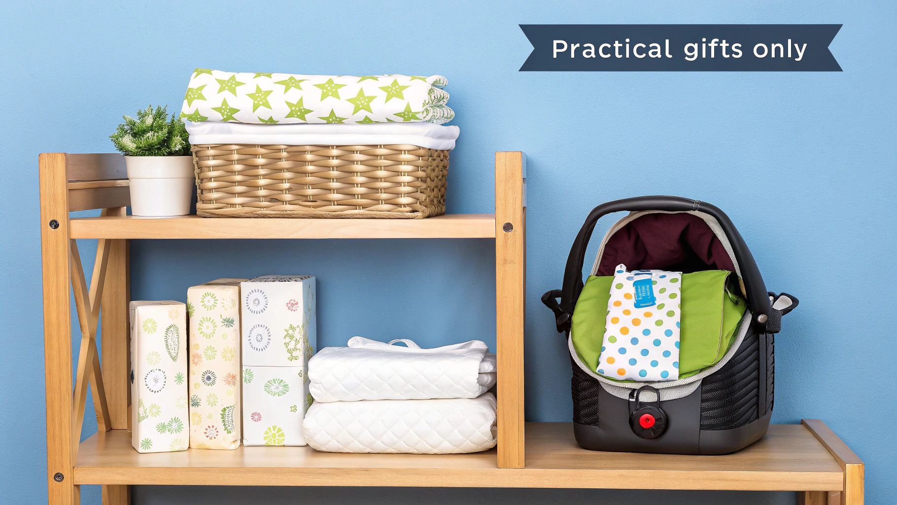 A neatly organized nursery with practical baby shower gifts like a diaper caddy and blankets.