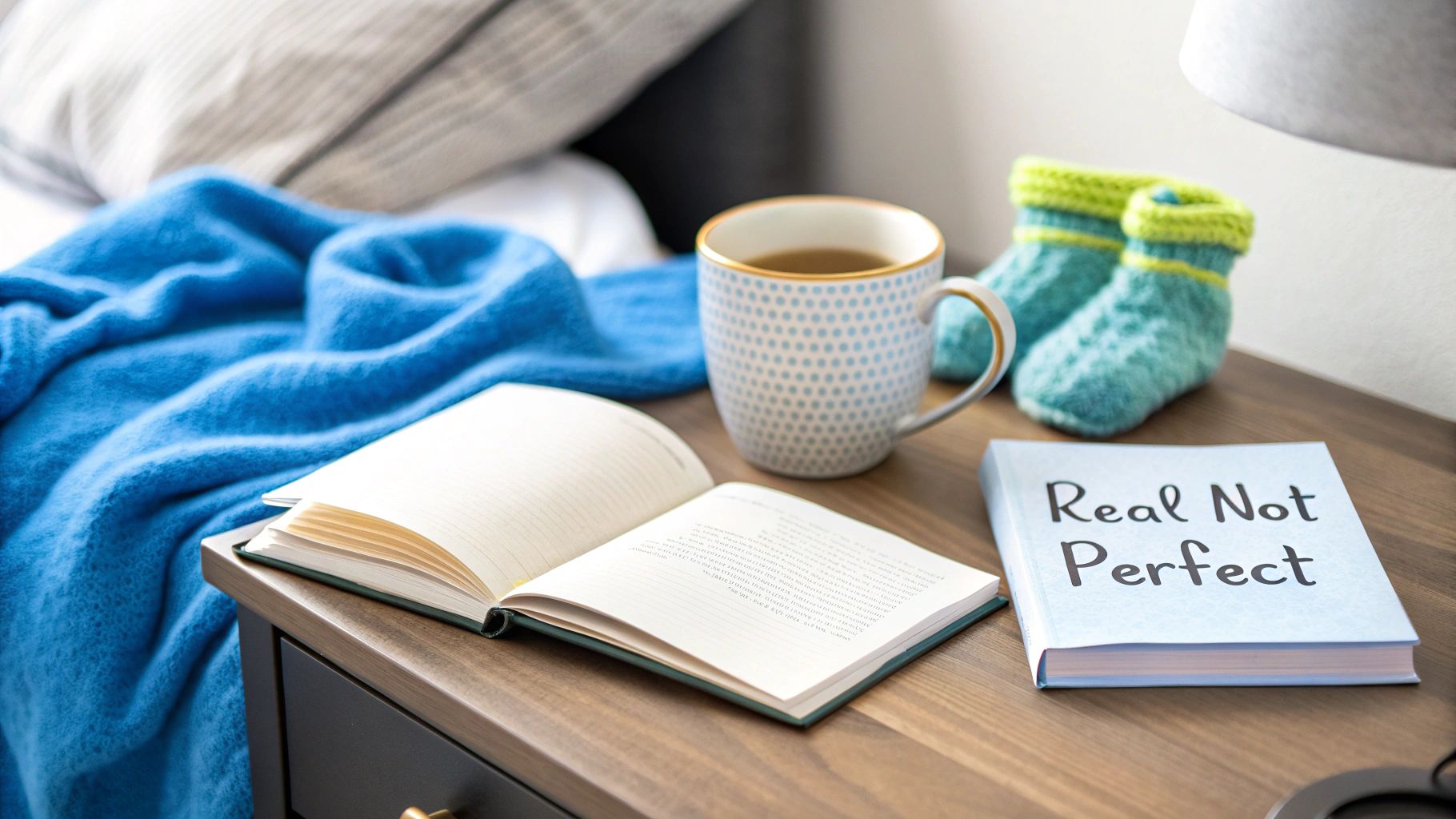 A mother holds a baby memory book while her baby lies on her lap.