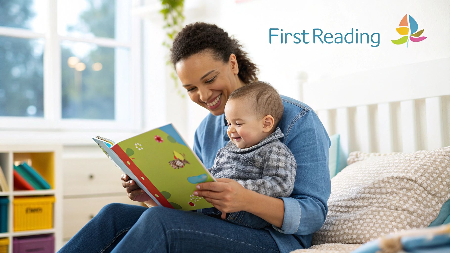 A mother reading a book to her baby in a cozy nursery.