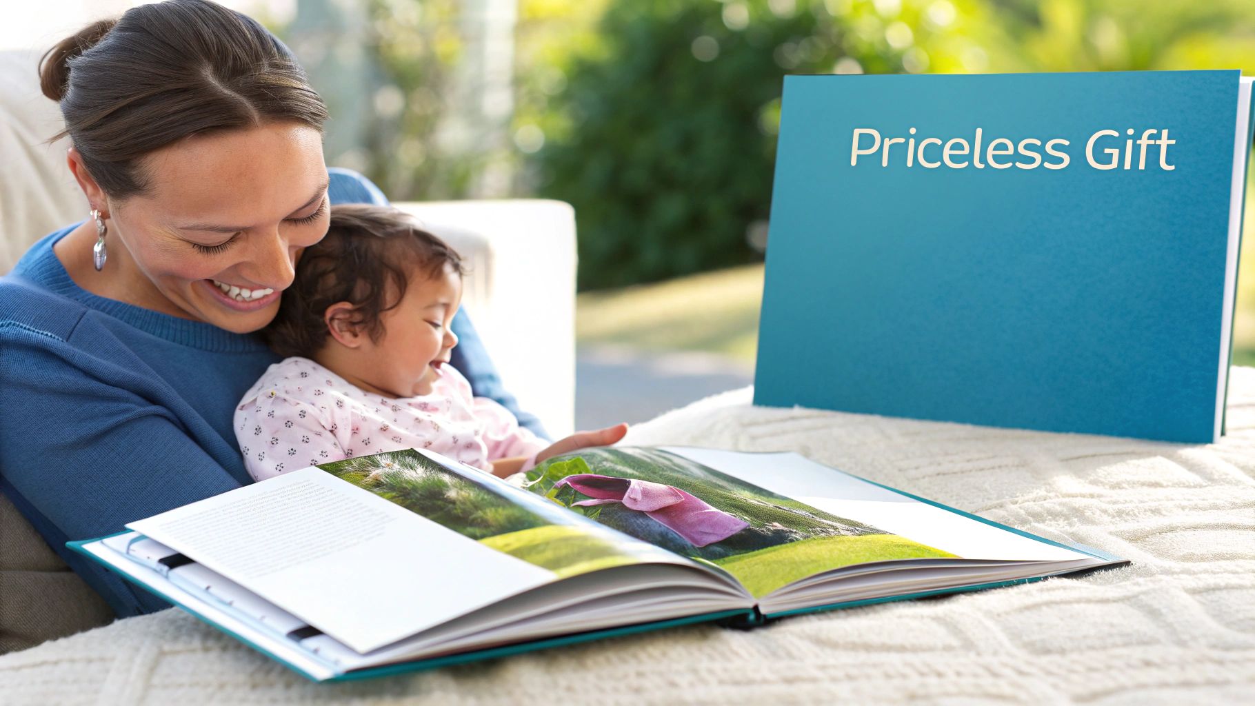 A mother writing in a baby memory book for her daughter
