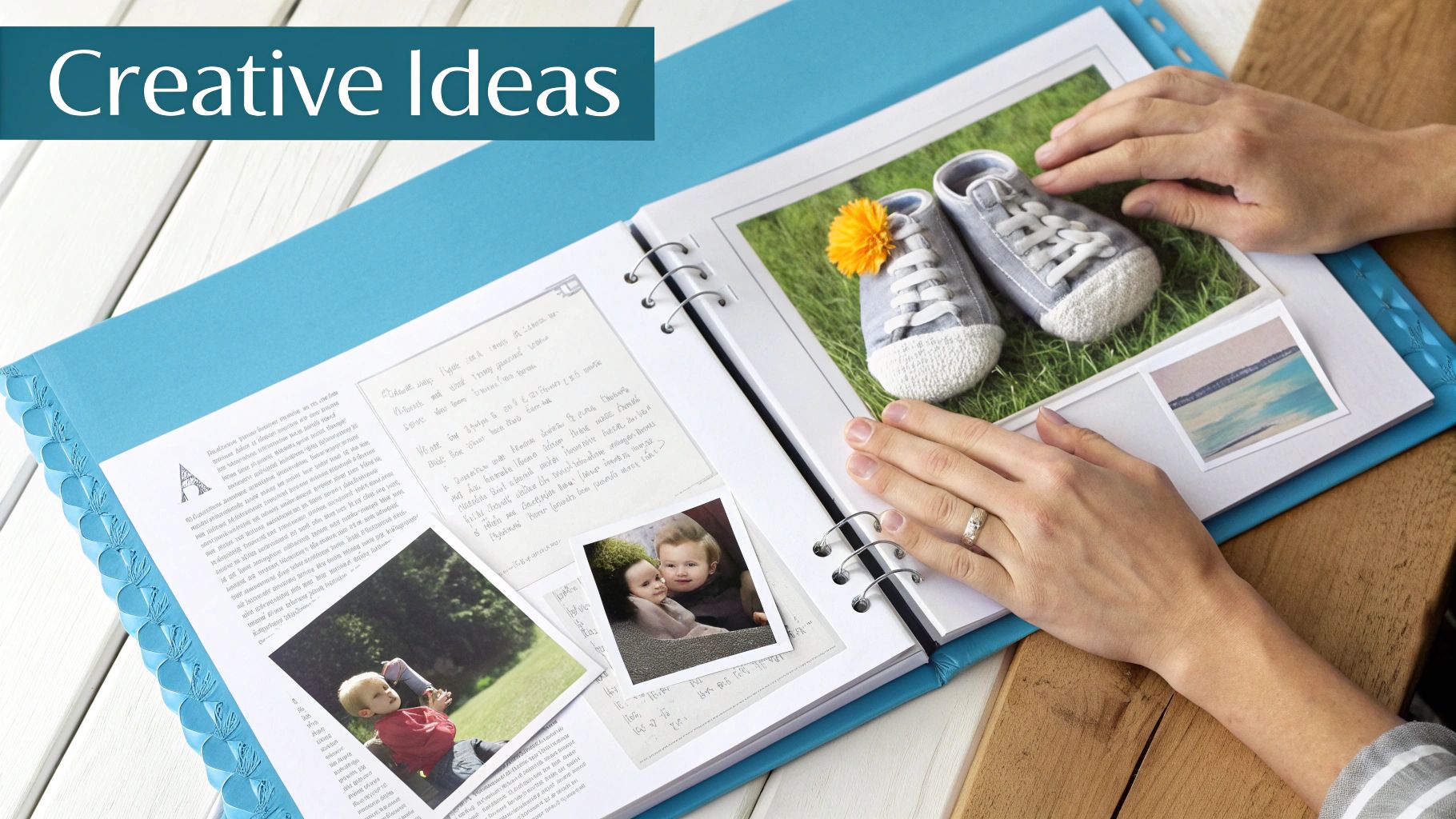 A collection of photos and keepsakes arranged for a baby memory book