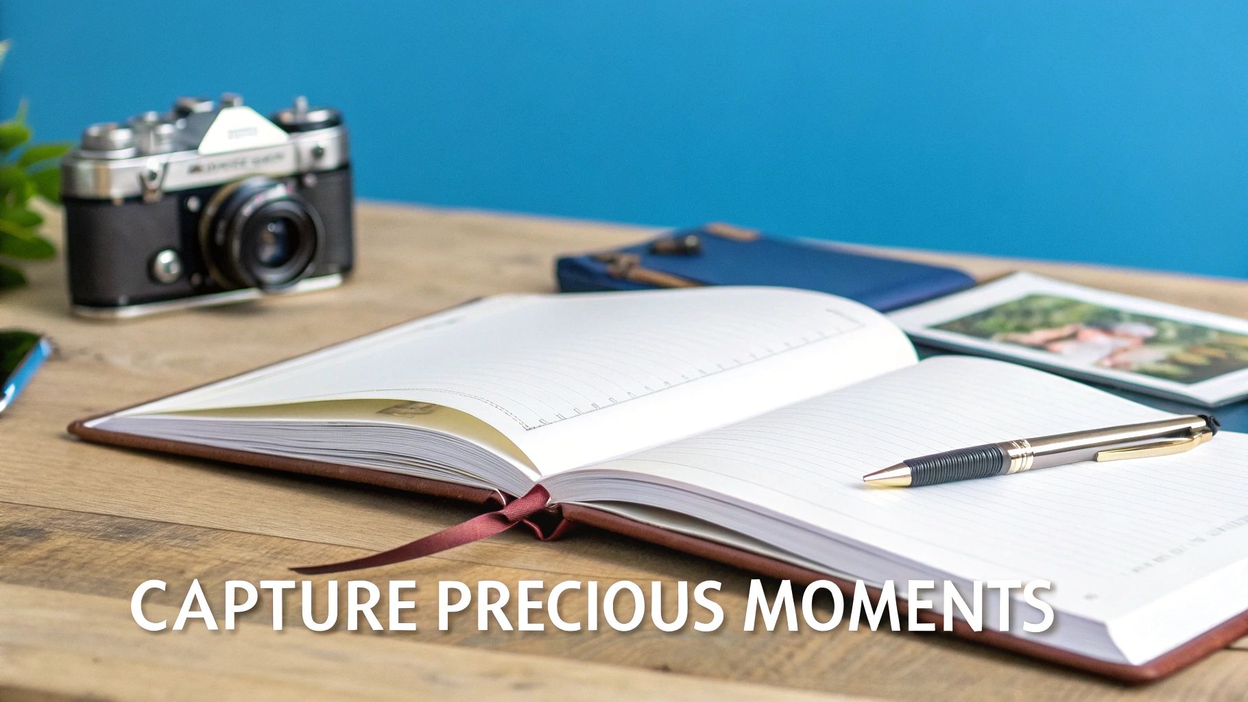 A modern, minimalist baby memory book open on a clean surface.