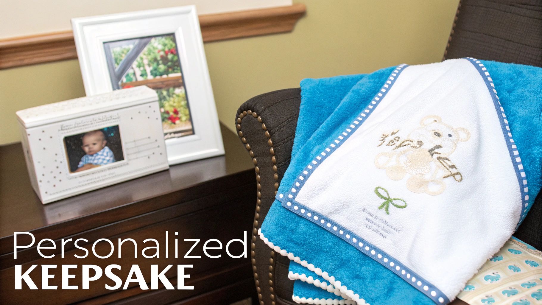 A personalized baby blanket with a baby's name embroidered on it