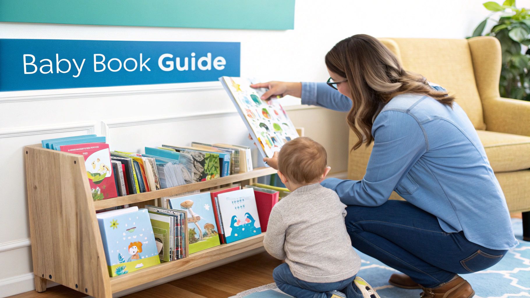 A mother and her baby looking at a baby book together.
