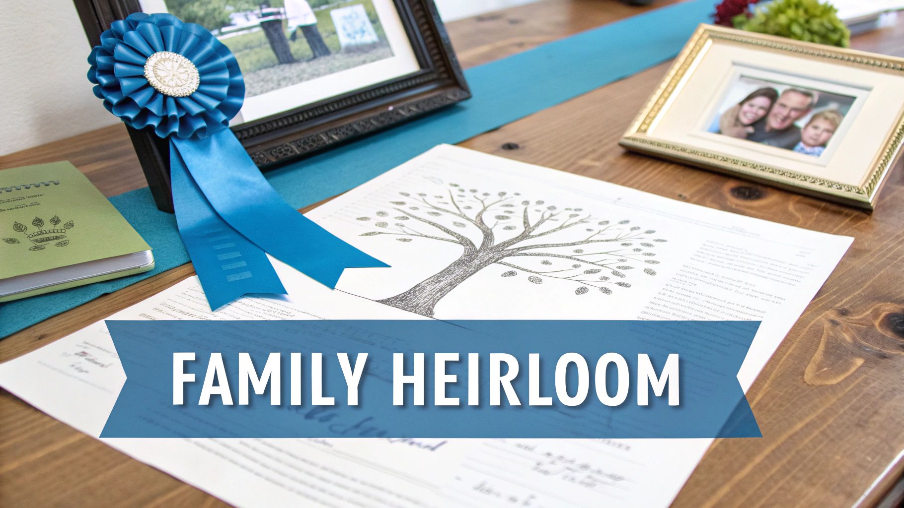 A mother writes in a baby memory book with her toddler nearby.