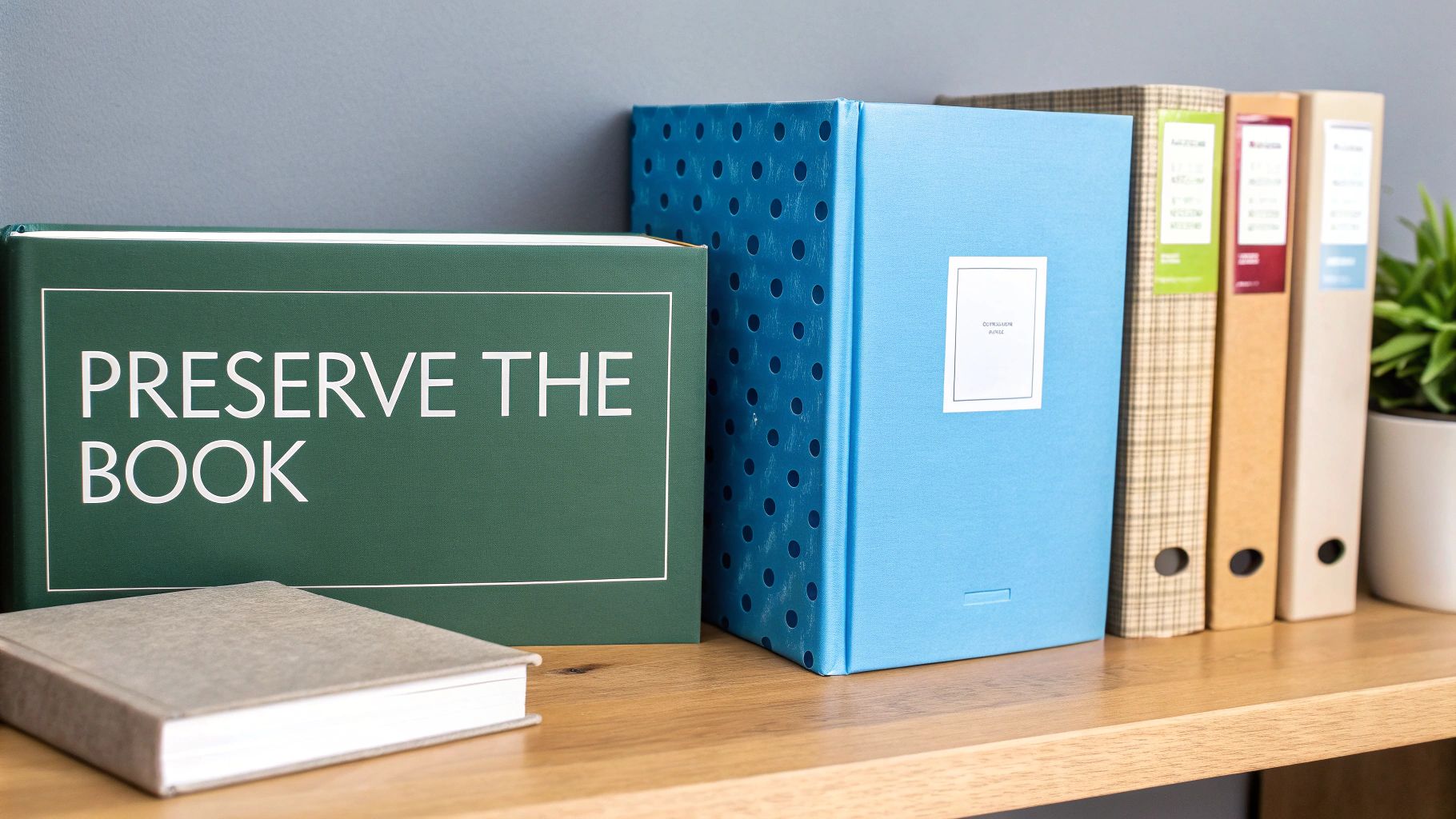 A finished baby memory book being carefully stored on a shelf.