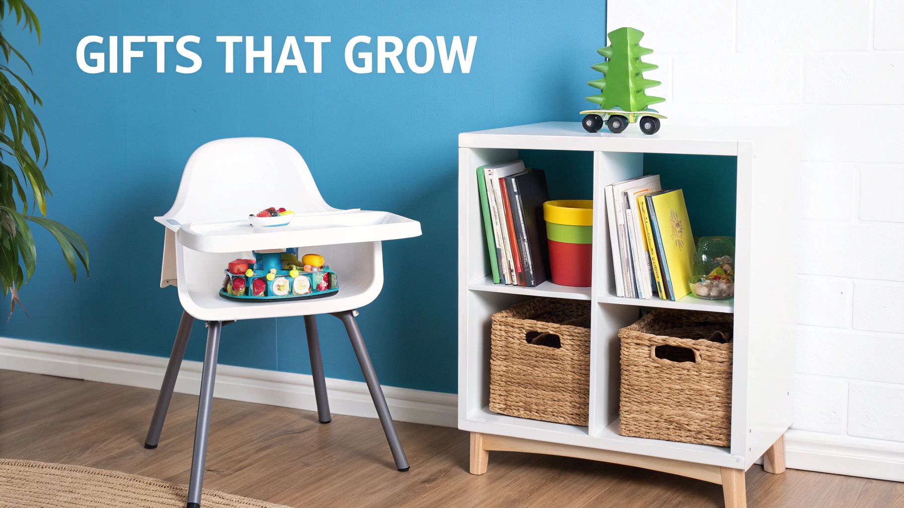 A happy baby plays with developmental toys while sitting in a convertible high chair