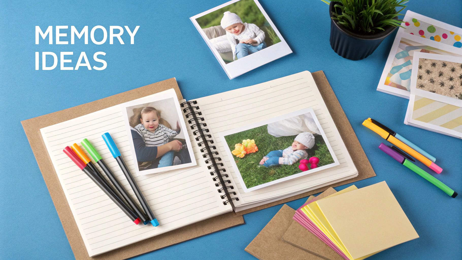 A parent and child looking at a baby book together with various mementos around them.