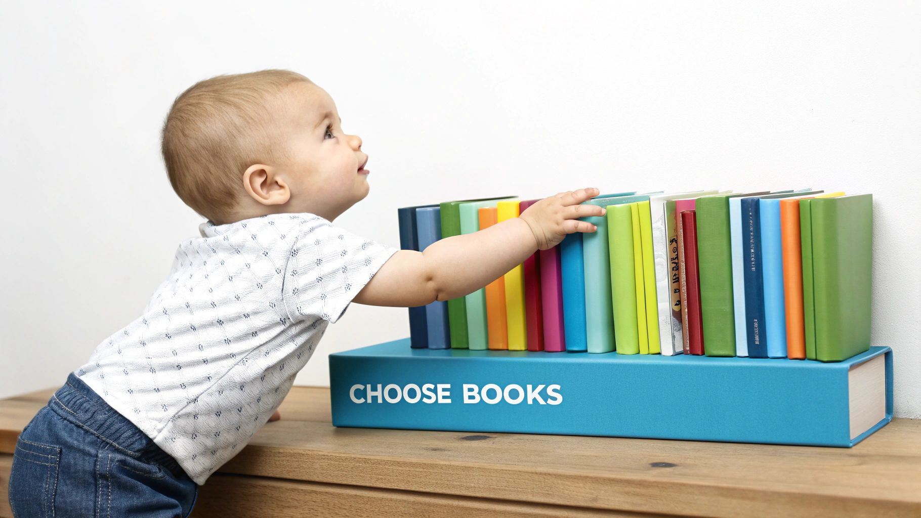 A colorful selection of baby books in a nursery.