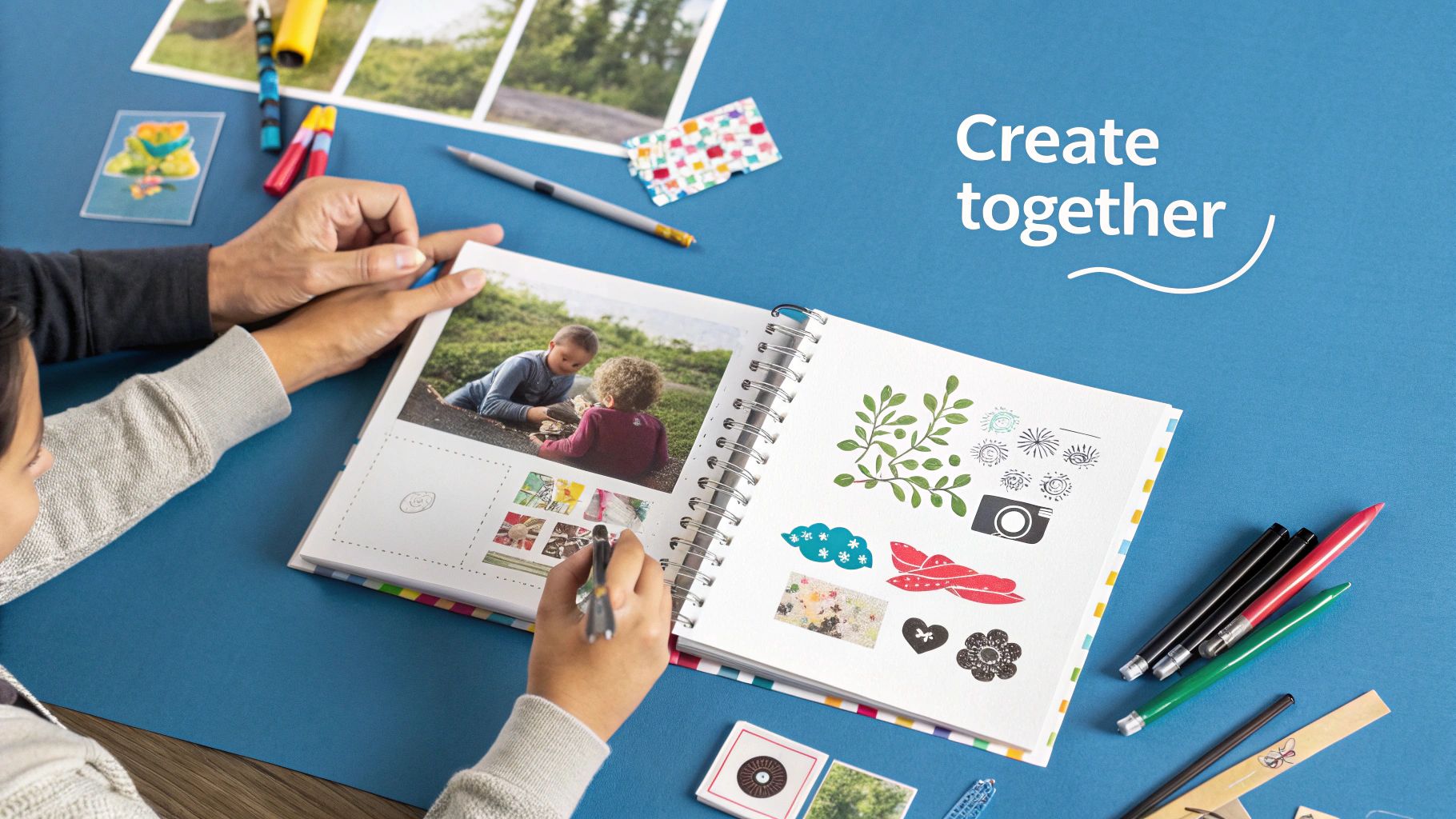 A close-up shot of hands customizing a personalized baby book on a tablet, with design elements visible on the screen.