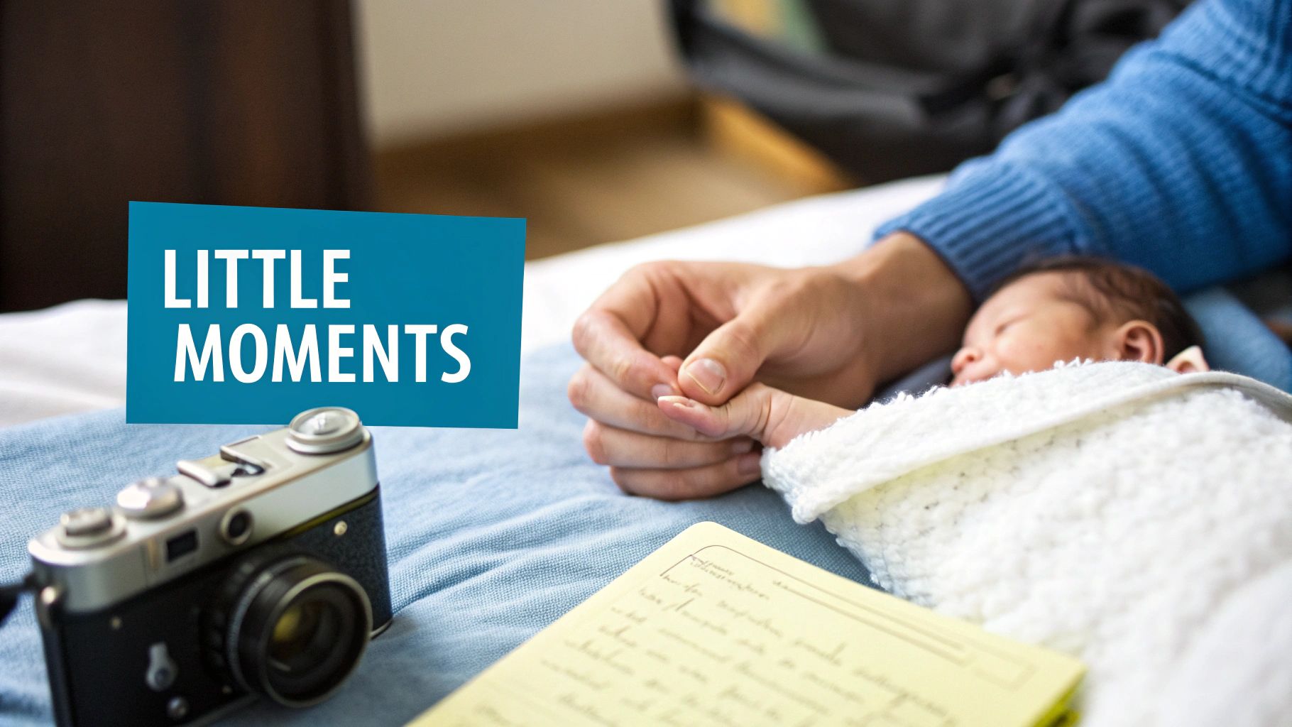 A baby's tiny hand holds an adult's finger.