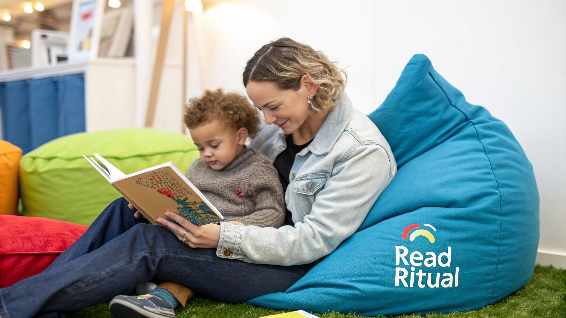 A mother and child in a cozy reading corner, smiling as they look at a personalized baby book together.