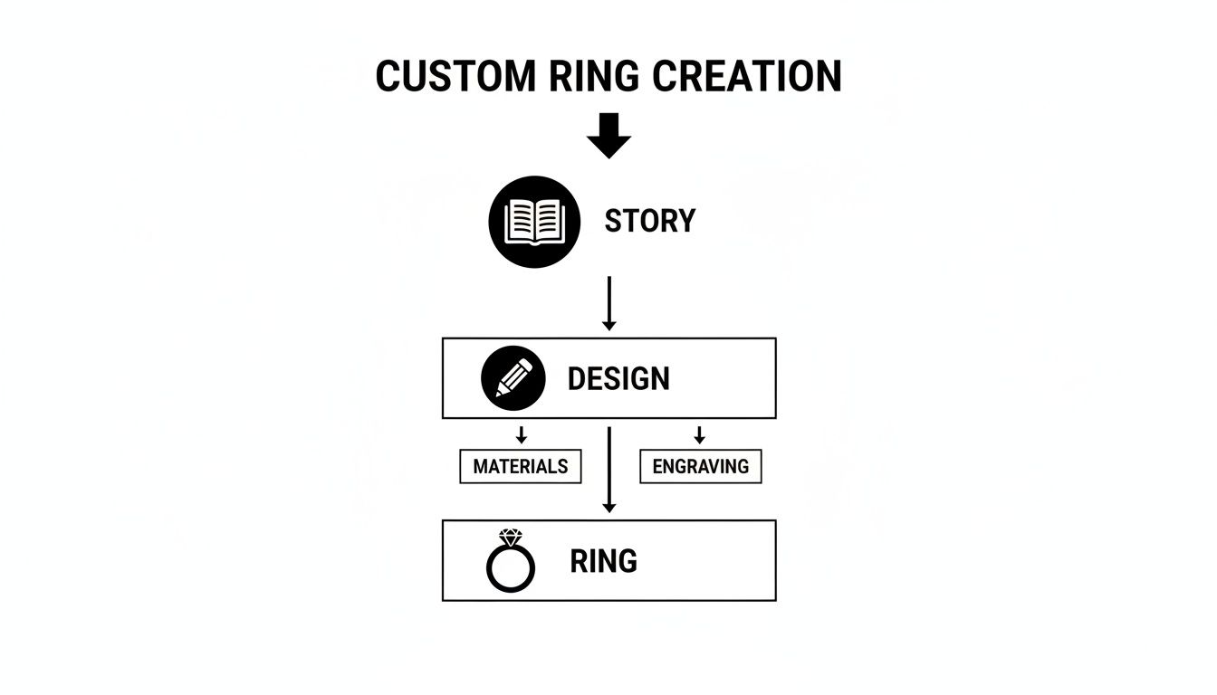 Flowchart outlining the custom ring creation process, including story, design, materials, engraving, and the finished ring.