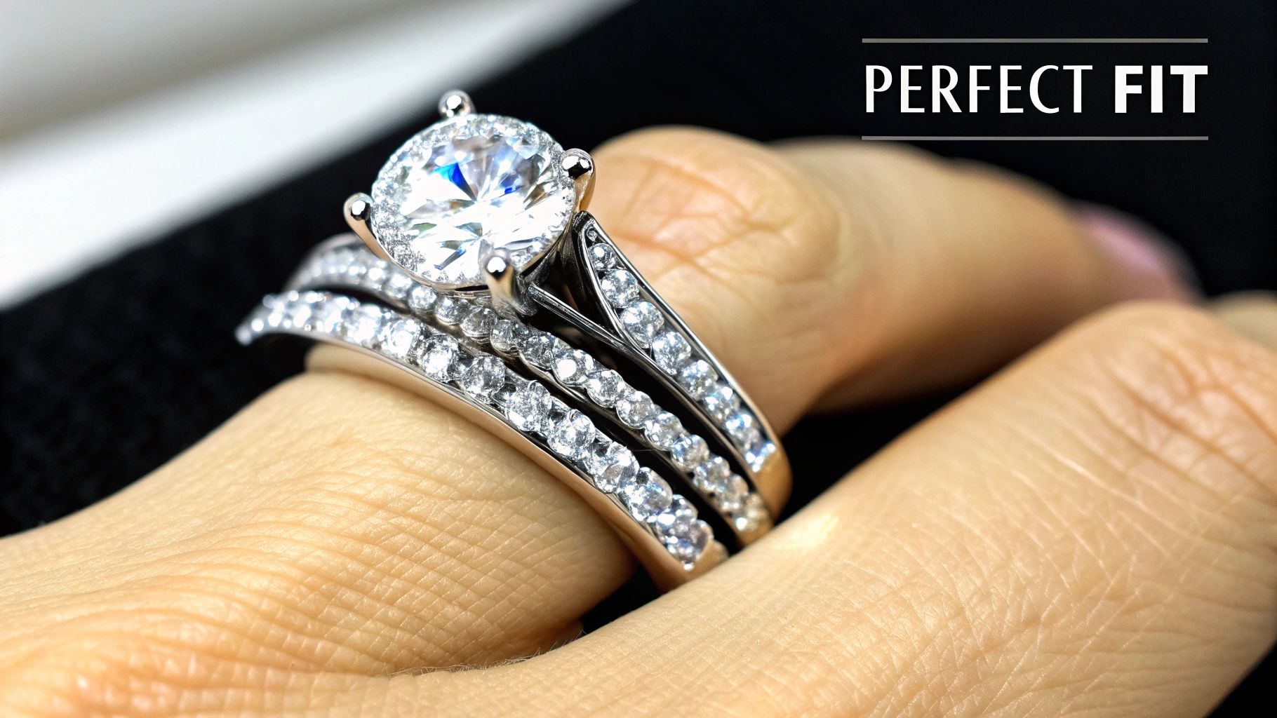 Close-up of a hand wearing a dazzling three-piece diamond wedding ring set, labeled 'Perfect Fit'.