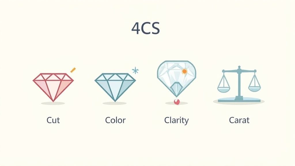 An illustration showing the 4 Cs of diamond grading: Cut, Color, Clarity, and Carat, with corresponding icons.